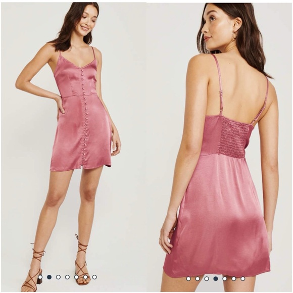 NWT Abercrombie & Fitch Button-Up Mini Satin Slip Dress in Pink - Picture 2 of 12